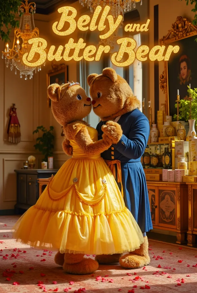 A fairytale movie poster titled “Belly and ButterBear”. Butterbear, a chubby Belle-like princess, is a fluffy brown bear with blonde hair, twirling in a billowing golden gown while dancing with the Beast prince under glowing chandeliers. Rose petals swirl,...