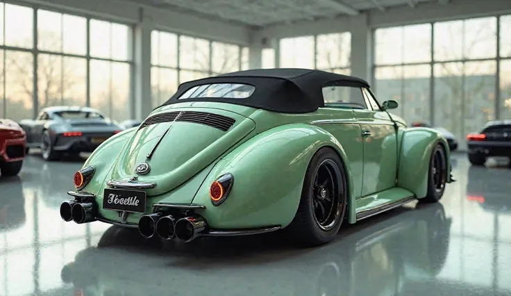 "A realistic, high-quality image of a modern sports car seen back right side, resembling a 1955 Volkswagen Beetle Convertible. The car is soft green with glossy paint and a sleek, aerodynamic design. It has four large, round exhaust pipes and a wide, conti...