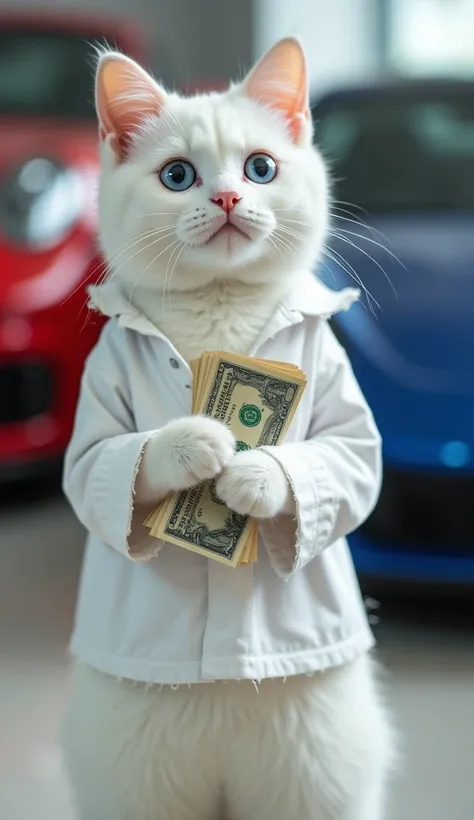 The image is of a white cat standing in a car showroom. The cat is wearing a white shirt with frayed edges and is holding a bunch of money in its paws. It has blue eyes and is looking directly at the camera with a curious expression. In the background, the...