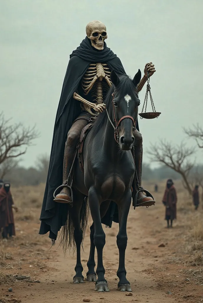 A hyperrealistic 4K photograph of a tall, skeletal rider riding a black, emaciated horse, with an old scale in his hand. His face is grim and bony, with sunken eyes that reflect desperation. He wears a dark, torn cape, and his presence exudes a sense of mi...