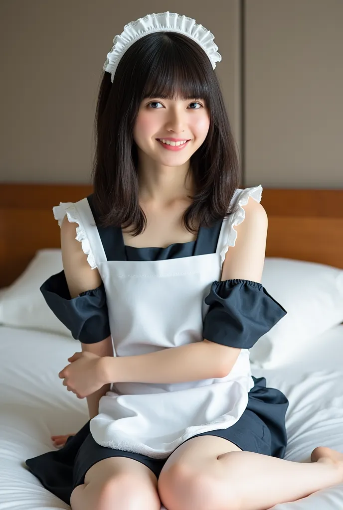 1 girl, Hi-Res, 最high quality, high detail, high definition model, high quality, Ultra High Definition, textured skin, very detailed,  black hair,, smiles, Portrait Photos,、Japanese Female、on the bed、maid outfit、 is smirking、actress、 waist up 