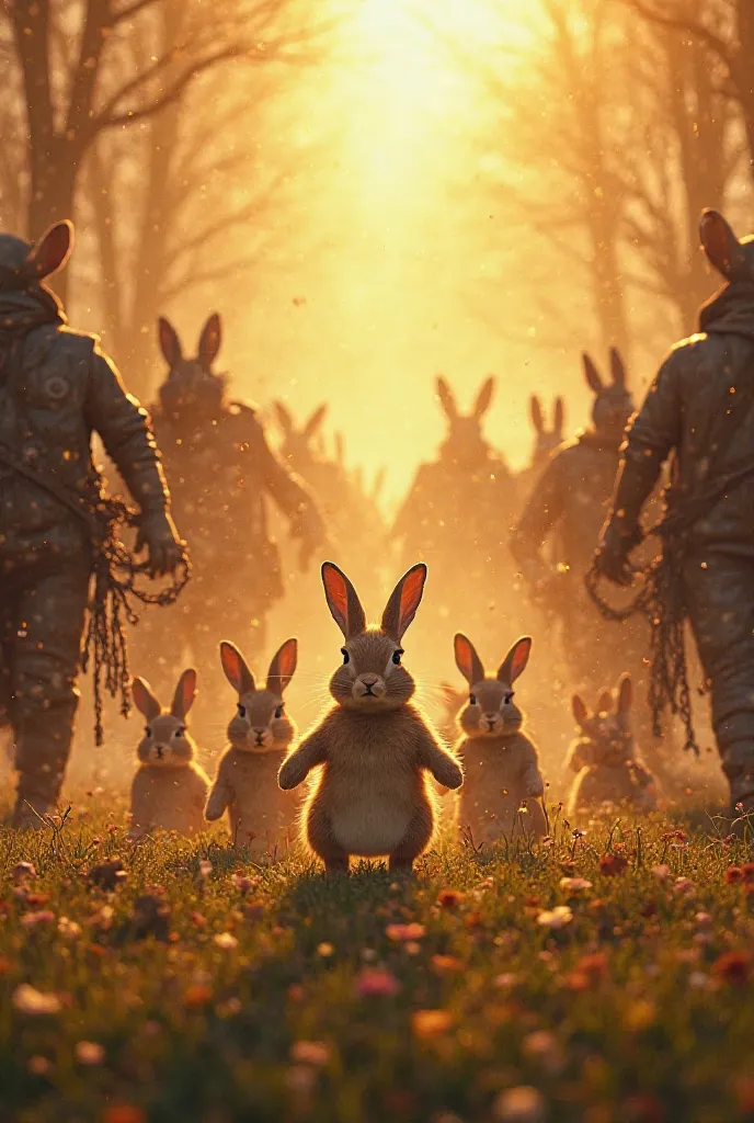 Prompt: "The hunters look terrified as they run away, dropping their nets in panic. The rabbits stand together in victory, their small but brave forms glowing under the sunlight."
