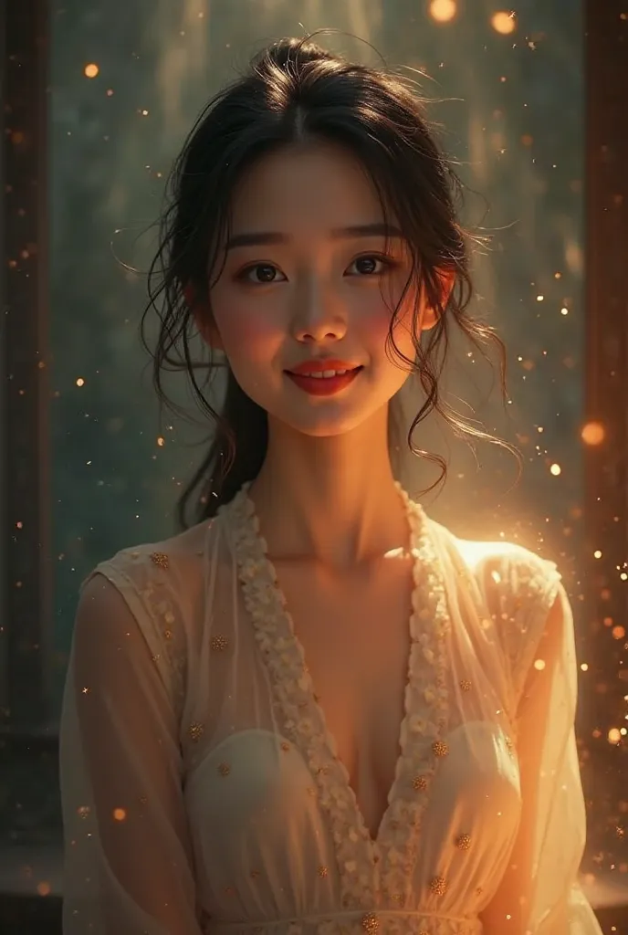 Beautiful Asian Woman Standing Smiling Behind In Lightning