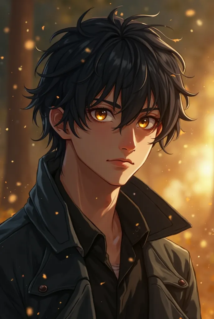 tall young man, In the prime of their youth. Their shaggy black hair fell softly over their face., and their eyes they had a deep look,  mesmerizing glow, Almost as if they were consuming the light that surrounded them..
