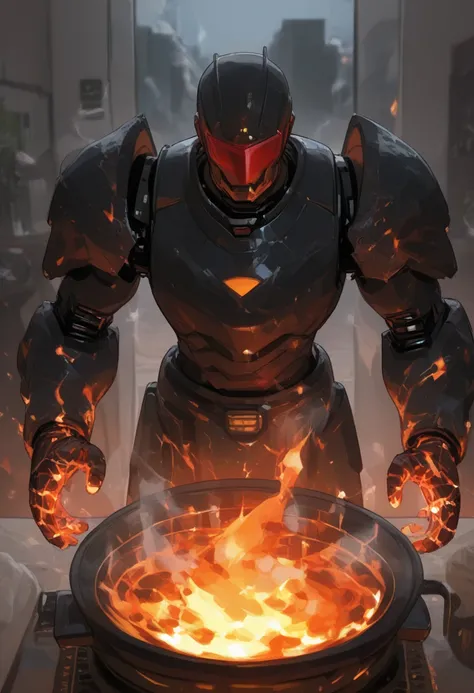 absurd resolution, High resolution, (Masterpiece: 1.4),  hyperdetail , and moss,  black armor, department store, Open Eyes,  red glasses, in front of the lens, Fire, body power heat stove, Robotic arm with flames and white smoke in its hands