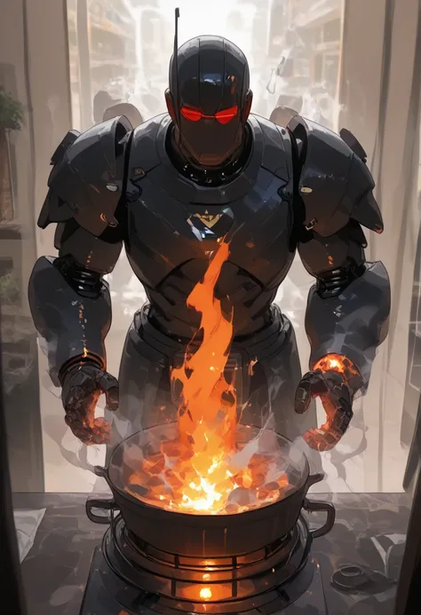 absurd resolution, High resolution, (Masterpiece: 1.4),  hyperdetail , and moss,  black armor, department store, Open Eyes,  red glasses, in front of the lens, Fire, body power heat stove, Robotic arm with flames and white smoke in its hands