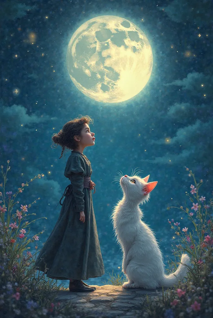 a cat that's actually a witch standing next to a man and watching the moon together.