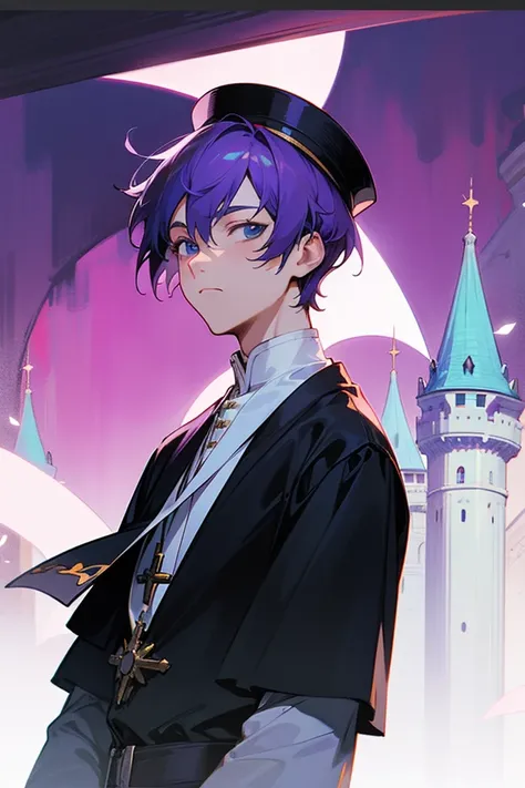 1male, Purple Hair, (Short Hair), Quiet Expression, Facing Viewer, Castle Background, Black Royalty Clothing with Purple Accents, Pope Hat, Lean Build, Perfect Blue Eyes, Perfect Quality, Perfect Generation
