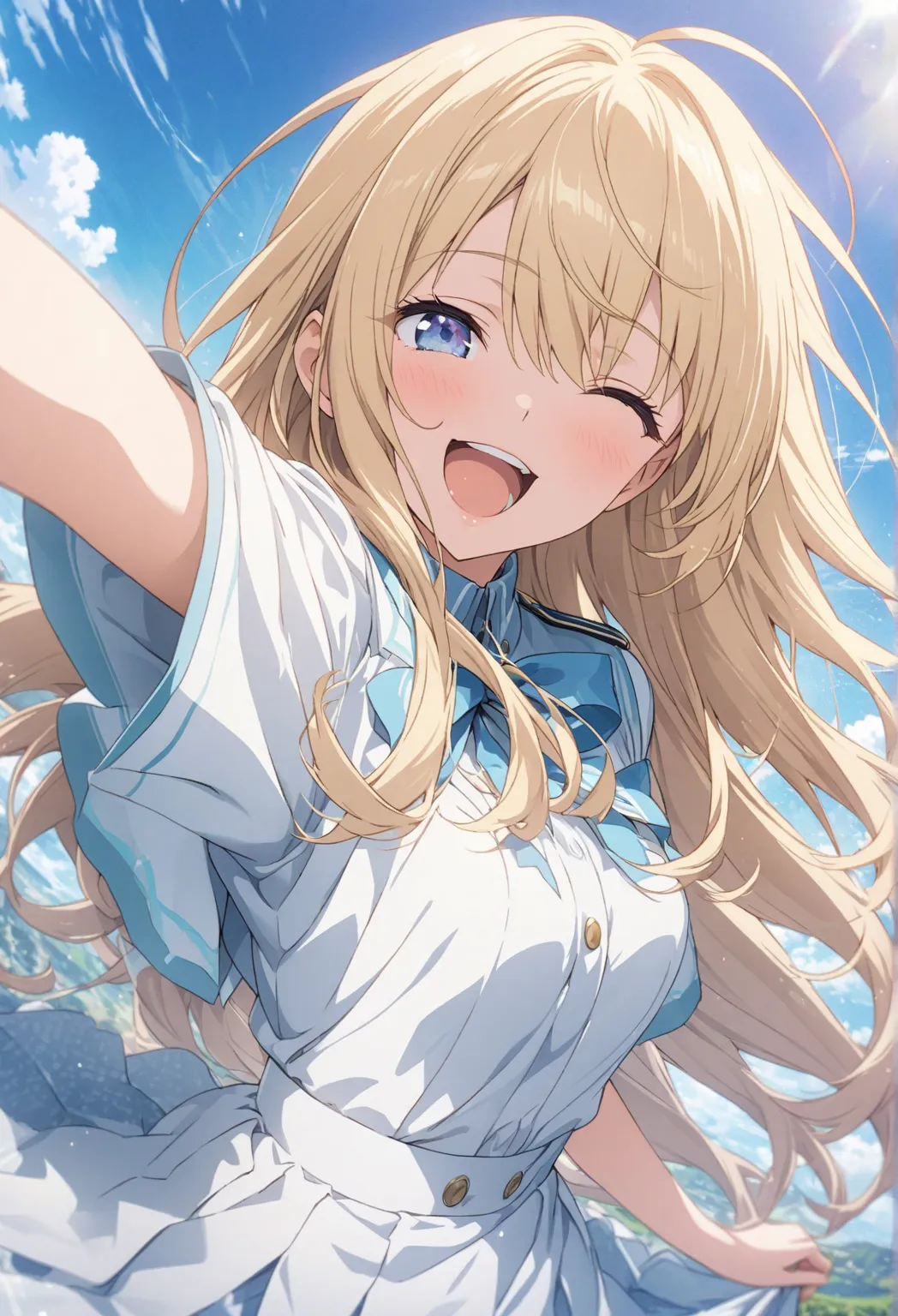 masterpiece, Highest quality, Highly Detailed CG Unity 8k Wallpaper, blue sky, 20 year old girl anime illustration. Attractive Poses、Close your eyes、opening your mouth, smile.  The background is a pastel colored landscape,  Blonde Color ,long hair、hair flu...