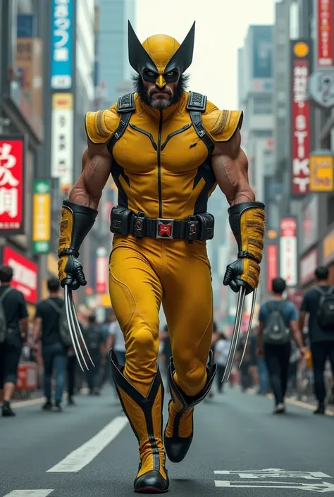 A man wears a yellow wolverine costume and mask,Walking in the streets of Tokyo, realistic image ,HD quality