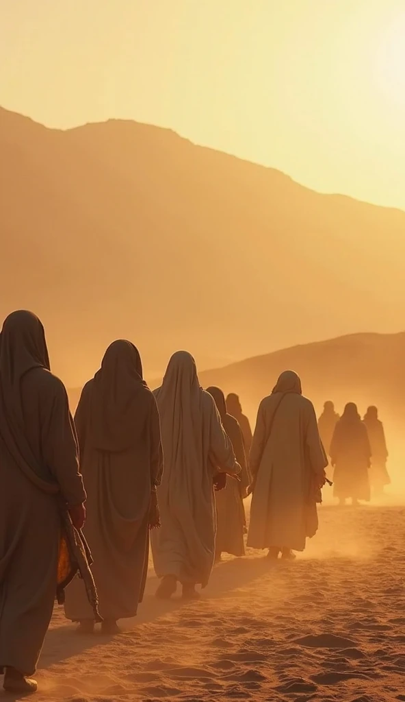 Desert landscape, group of figures in traditional Middle Eastern robes, warm golden light, hazy mountains in background, cinematic atmosphere, historical reenactment, biblical scene, sandy terrain, earth tones, soft focus, mystical journey, epic scale, anc...