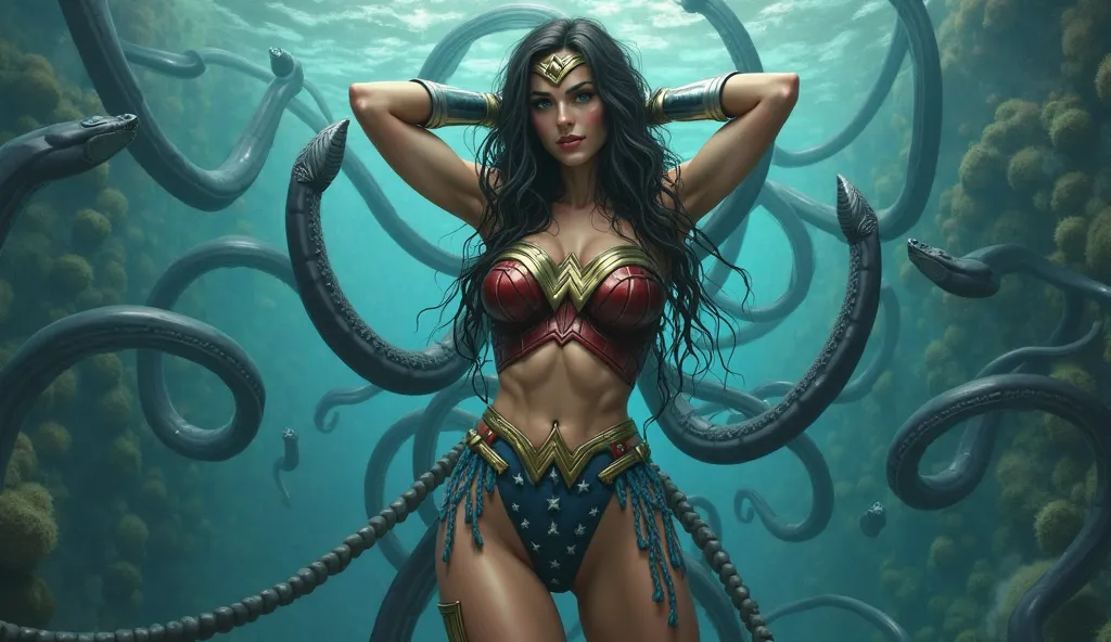 masterpiece, high image quality, １Wonder Woman has a beautiful face、 Accurate Wonder Woman Costumes and Boots、 Accurate Wonder Woman Costumes and Boots、In a large aquarium、There are countless eels swimming in the water、Wonder Woman's hands are crossed behi...