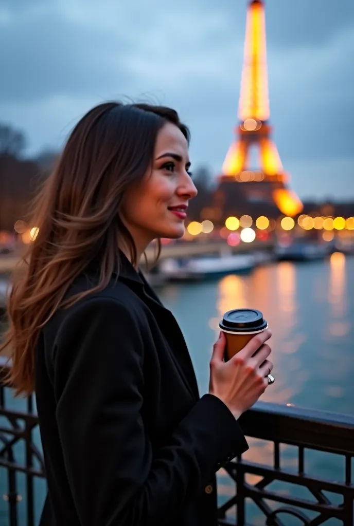 In the picture, I stand on the Pont des Arts in the heart of Paris, as the golden lights of the Eiffel Tower reflect on the calm waters of the Seine. Behind me, the charming streets of the city stretch out, lined with classic buildings and lively cafés. Th...