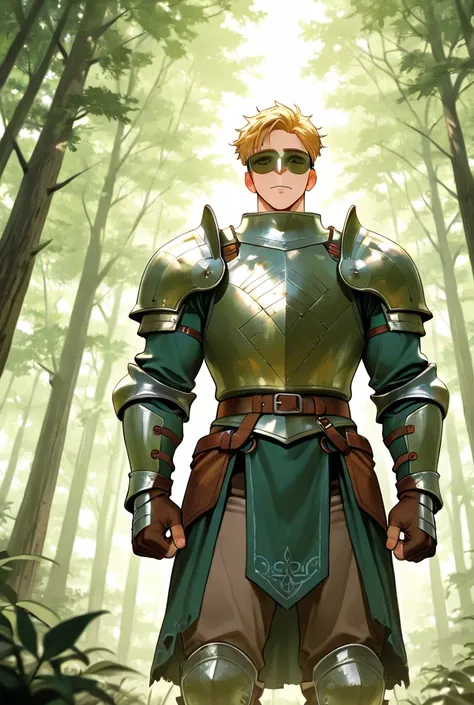 Anime man yellow and short haired with green eyes medieval armor in a forest
