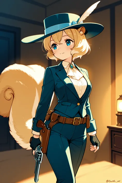 female squirrel, in elegant suit of 19 century style , in hat, hostel on belt with revolver inside, fingerless gloves, fluffy fur, squirrel tail,Character Design page