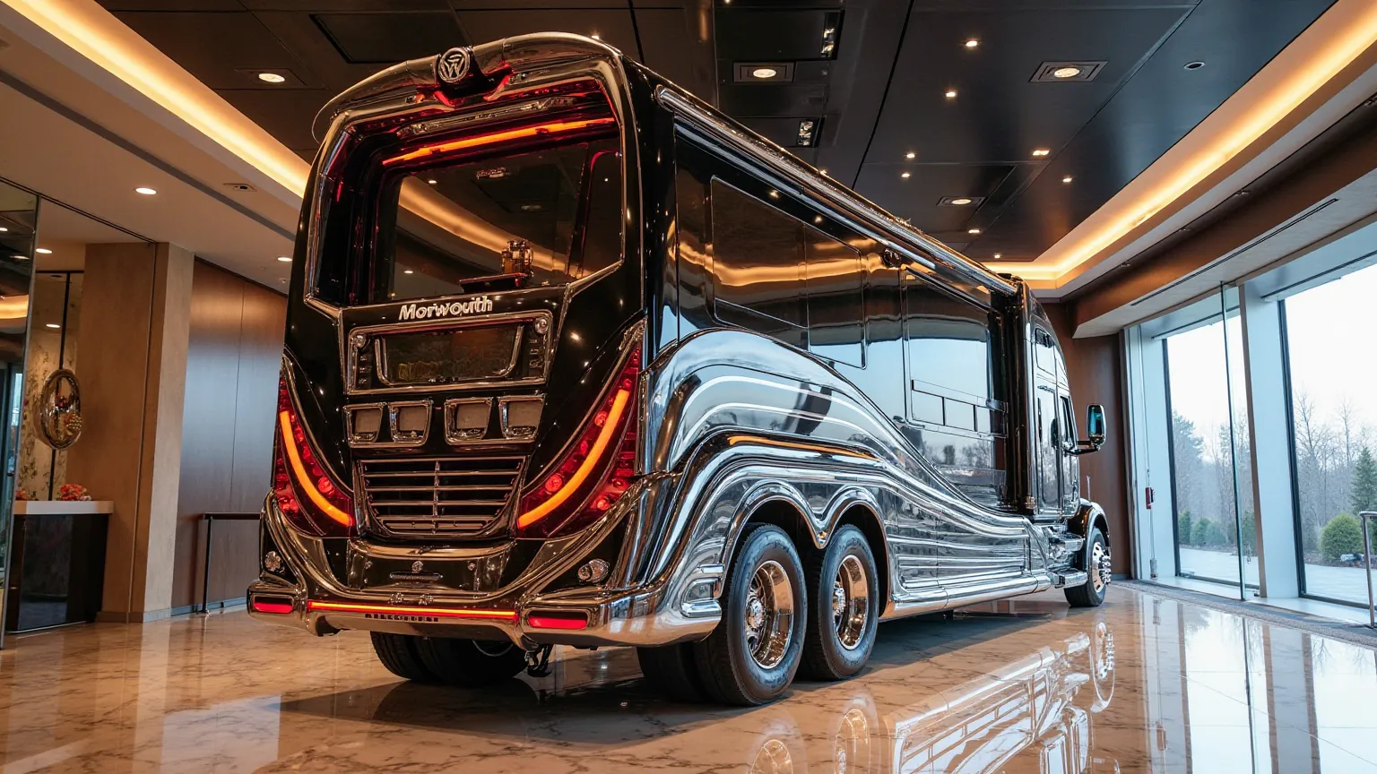 A highly realistic and detailed image of a Kenworth W900 Motorhome, viewed from the back, parked in a premium, modern showroom. The motorhome maintains its unique multi-story design, with elegant, visible rooms on top, showcasing its luxurious and futurist...