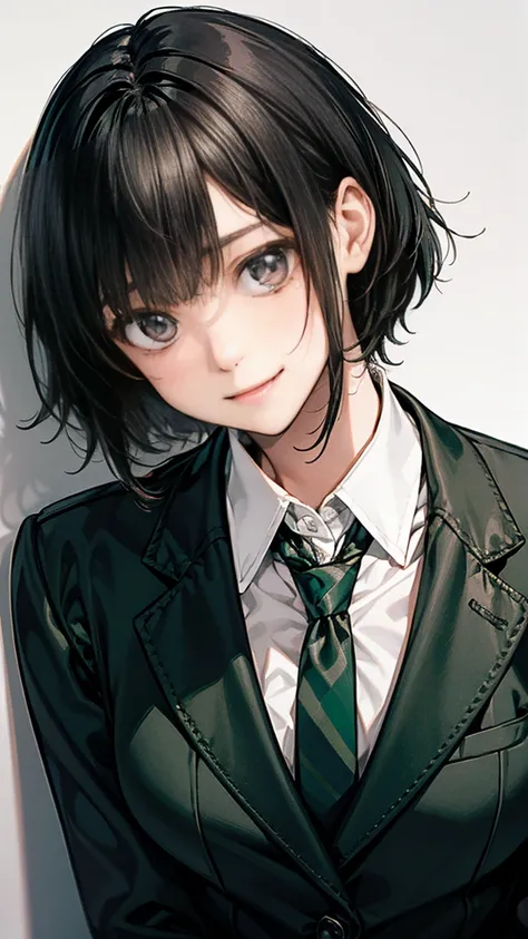 black hair shortcut、((dark green uniform blazer))), female middle school students、 green ribbon from under the sole,white round collar blouse, front、