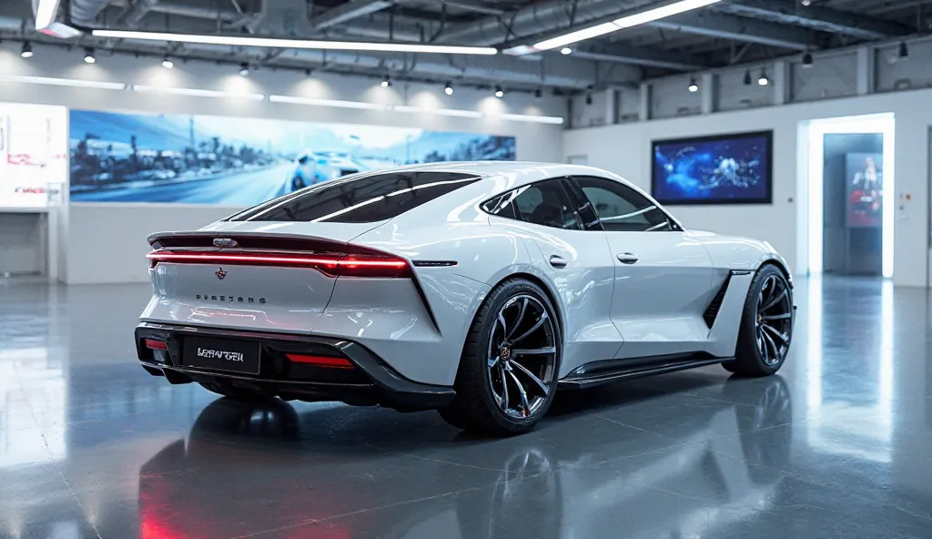 Realistic of futuristic Ford Mustang in showroom in white colour  back angle view 