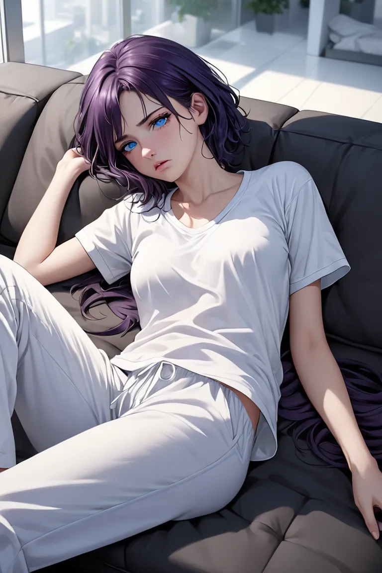 (masterpiece, best quality, 8k, high definition), whole body, woman, short dark purple hair, mid-chest, soft blue eyes, soft lips, caucasian, beautiful face, wearing a comfy white shirt and white pajama pants, natural light, detailed background, Detailed I...