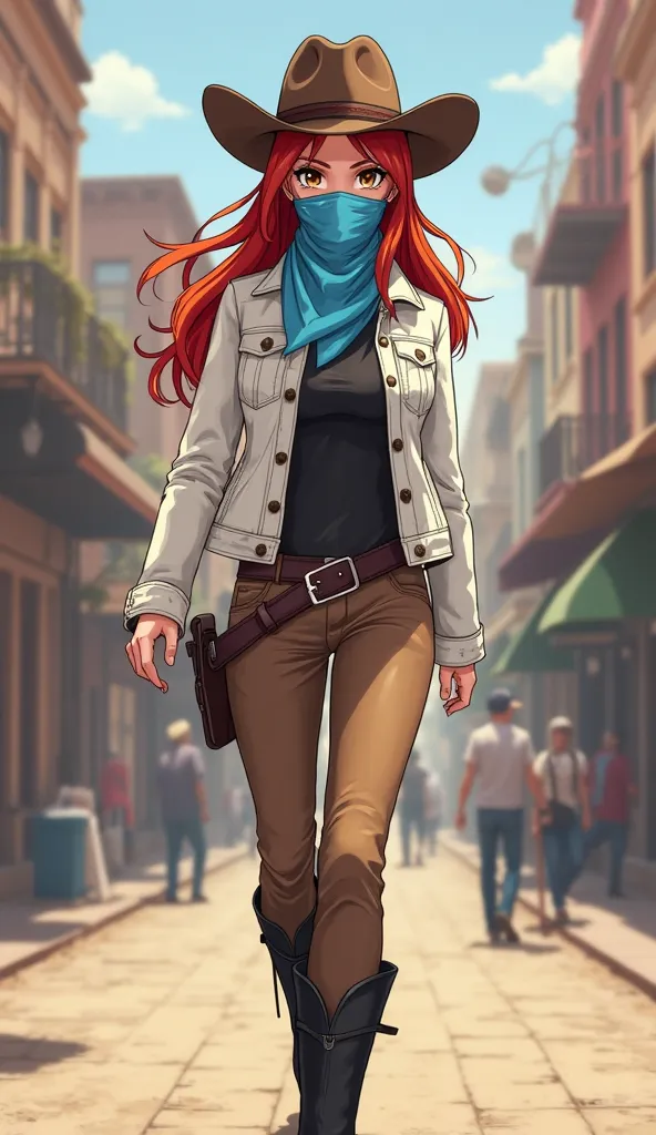 Anime style
Woman
35 years old
Light blue bandana on the face 
Light blue bandana in the face cowgirl 
Covered face with bandana 
Covered mouth with bandana 
Tied in the mouth 
Tied under the hair 
Tied behind the head
Brown hat cowgirl
red hair
long hair
...