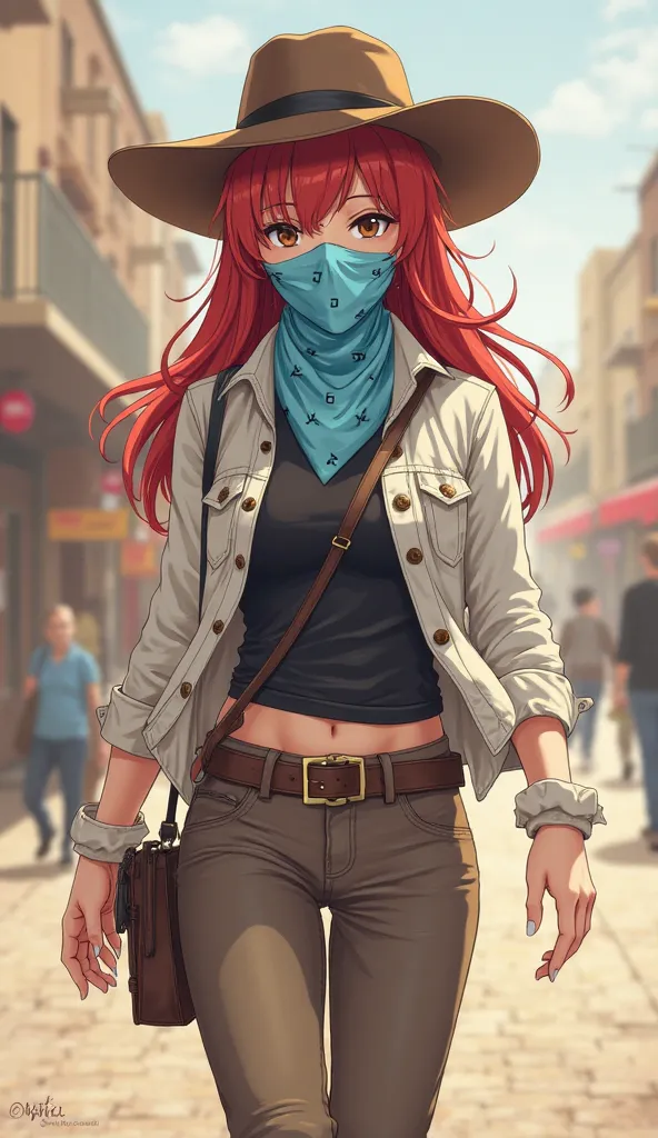 Anime style
Woman
35 years old
Light blue bandana on the face 
Light blue bandana in the face cowgirl 
Covered face with bandana 
Covered mouth with bandana 
Tied in the mouth 
Tied under the hair 
Tied behind the head
Brown hat cowgirl
red hair
long hair
...