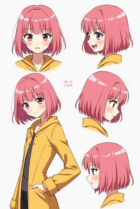 Anime female character with short pink hair and a yellow jacket. Character sheet of different facial expressions with white backgriund.