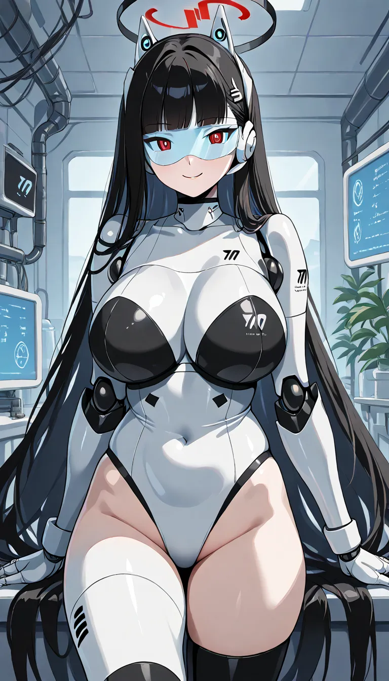 masterpiece, best quality, extremely detailed, (8K, 4K, Best Quality, hight resolution, 超A high resolution:1.1), ,8k portrait, Japaese android Girl,Plump , dark black leg cover,announcer,control panels,android,Droid,Mechanical Hand, Robot arms and legs, Bl...