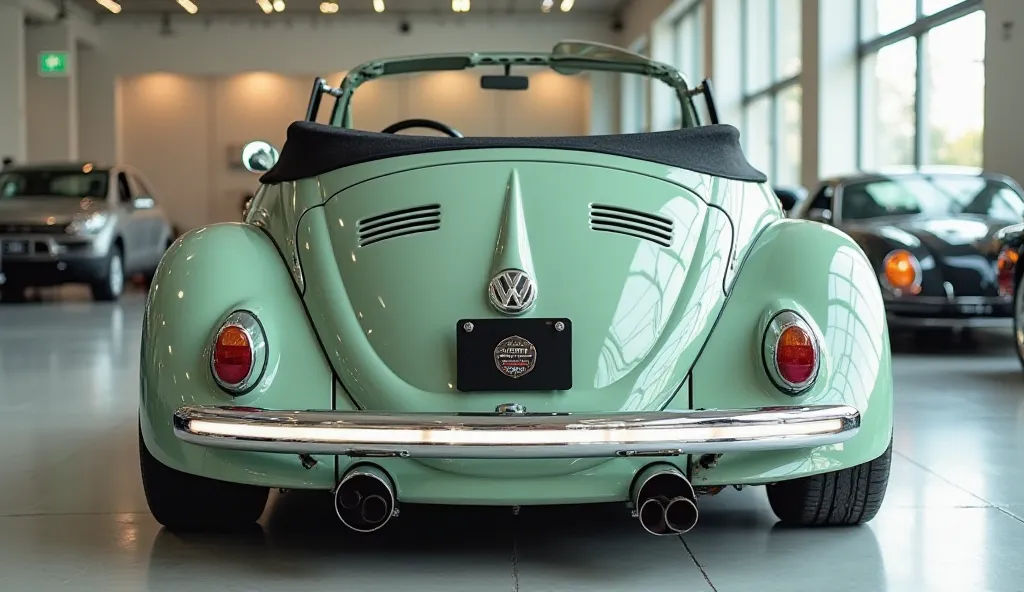 "A realistic, high-quality image of a modern sports car seen back bumper, resembling a 1955 Volkswagen Beetle Convertible. The car is soft green with glossy paint and a sleek, aerodynamic design. It has four large, round exhaust pipes and a wide, continuou...