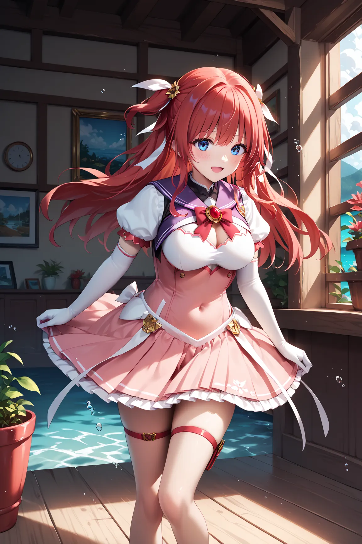  score_9,  score_8_up,  score_7_up,  score_6_up,  score_5_up,  score_4_up, masterpiece, 1 girl, c-koenji , long hair, red hair, hair ribbons, hair ornaments close to the garden,  pink short dress, puffy short sleeve, purple sailor color, Red Brooch, chest ...