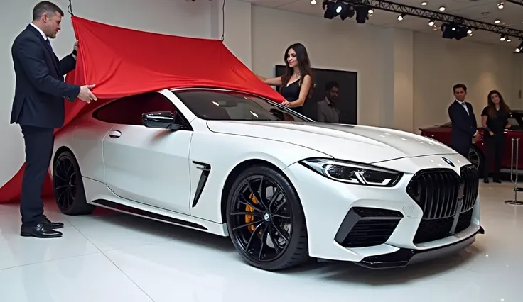 A sleek, modern Car (BMW M9) unveiling event at a showroom. The Car, prominently displayed, is a sporty (BMW m9) with a striking (white), and white design. The Car's side view slightly towards the viewer, showcasing its aggressive lines, sharp angles, and ...