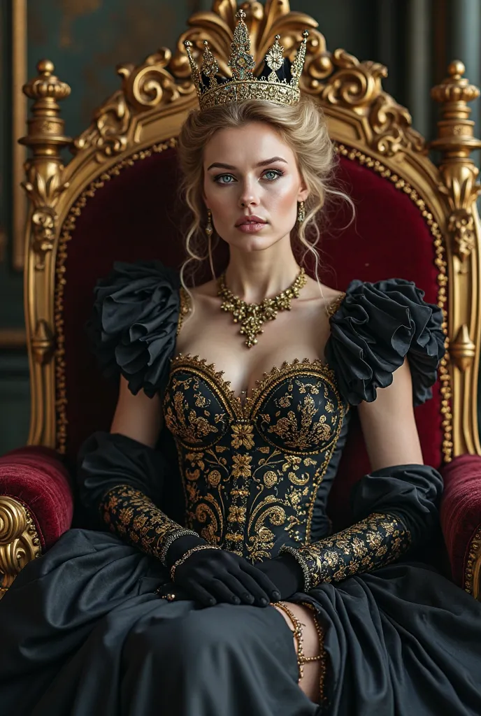 Dunkel blondes haar Queen with. With a magnificant crown.   Sits on Her baroque wood chair .  She is wearing huge magnificant black golden baroque dress. Mamor Boden  . large hall.  To her drone . she wears high heels.  Powerful bright blue eye color . vel...