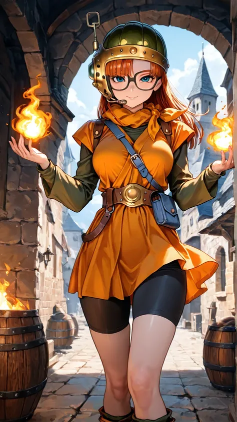 1girl, Lucca from Chrono Trigger, thin build, glasses, long hair, looking at viewer, fire magic in hands, standing, orange dress short skirt, black yoga shorts, seductive smile, medieval city in background, from the knees up, masterpiece, medium breasts, 8...