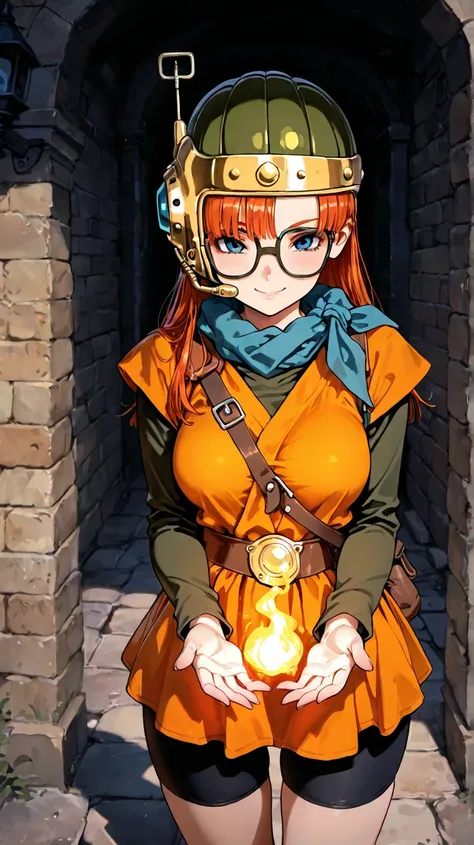 1girl, Lucca from Chrono Trigger, thin build, glasses, long hair, looking at viewer, fire magic in hands, standing, orange dress short skirt, black yoga shorts, seductive smile, medieval city in background, from the knees up, masterpiece, medium breasts, 8...