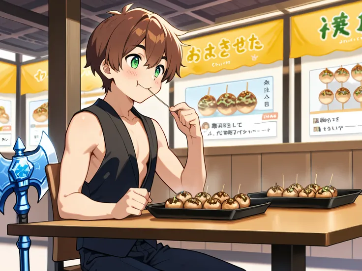 anime boy, brown hair, green eyes, smiling, no shirt, black vest, holding a toothpick in his mouth with one hand, tray of takoyaki, eating, sitting at a table, convention center eatery, giant blue stone axe propped up near the boy's seat