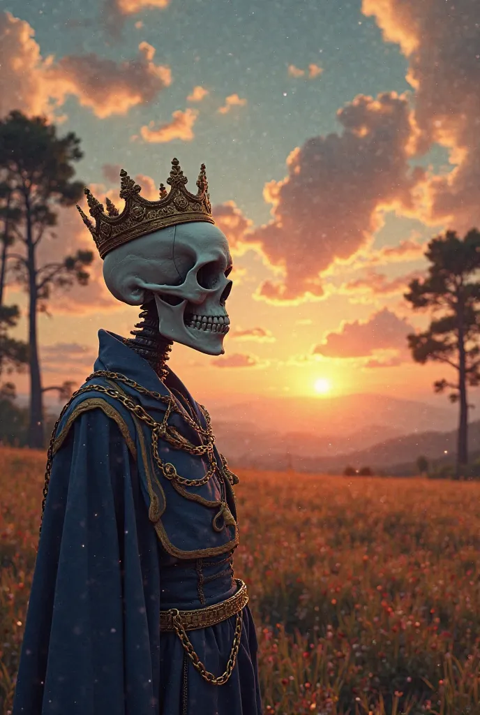 Field with clouds trees sunset, skull with fashionable clothes and a chain, With a crown looking at the sky from a distance