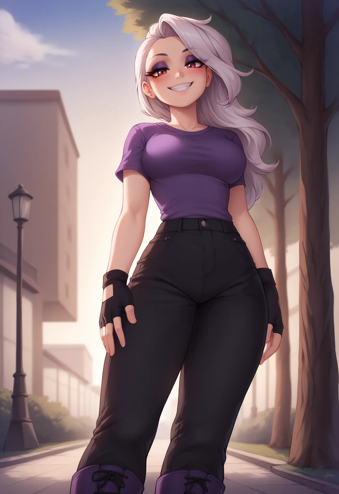 (4K HD Quality), score_9_up, score_8_up, score_6_up, anthro, solo, 1girl, female, (human), white hair, long thick hair, red eyes, medium large breasts, 

dark purple eyeshadow, dark purple long fingerless gloves, dark purple long socks, 

blush, perfect te...