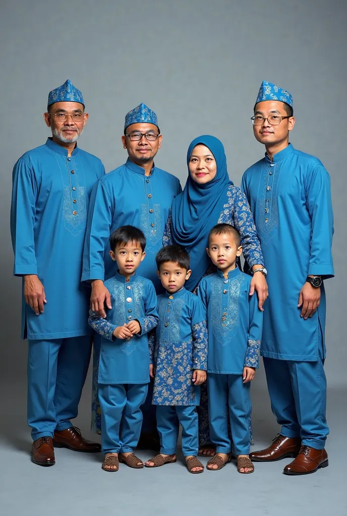 ONLY 8 PEOPLE IN A PHOTO
• Blue Theme Malay Traditional Outfits
• Raya Celebration Theme

1.  Male: Father - 63 Years Old, Wear Songkok, Wear Spectacles, Have Beard

2. Female: Mother- 50 Years Old, Wear Hijab

3. Male: 1st Son - 32 Years Old, Wear Songkok...