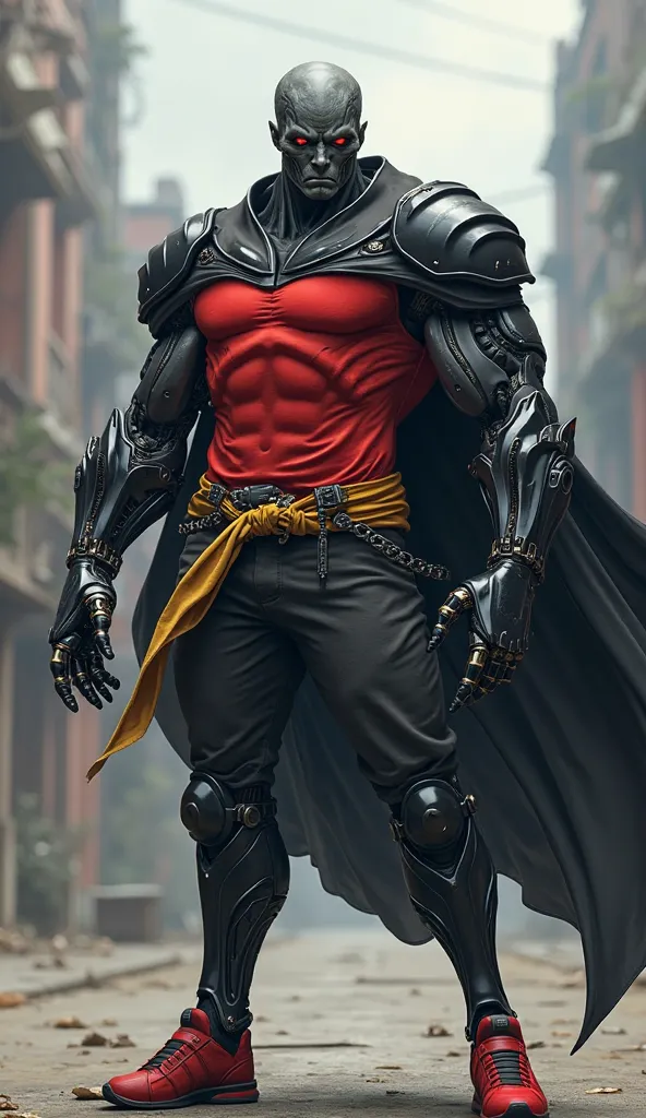 Anime style
Alien
Man
Black skin
Red eyes
Red t-shirt
Black armors
Black pants
Yellow waist
Red shoes
Black cape
Black arms cyborgs
Muscles arms