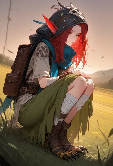 grass, sky, field, league of legends, 1 girl, elf, Druid, animal ears, bandage legs,  long legs, bandage, bandage,  bird feet ,  bird skull , cable, shut up,  ears by headdress , eyes visible through the hair,  drawings of faces , feathers, hood, hooded ca...