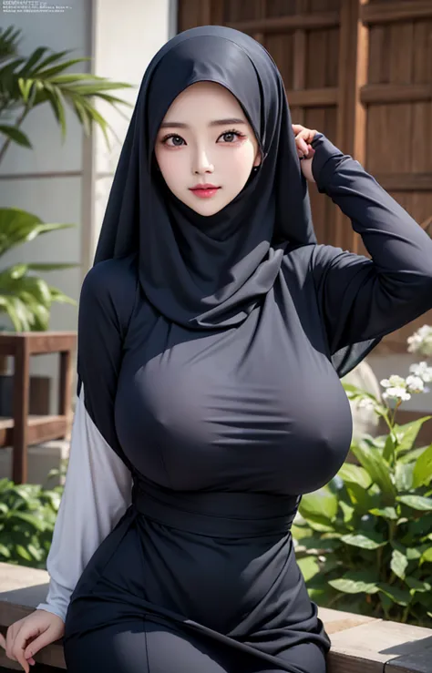 cute korean girl with huge breasts, breast full cover, beautiful eyes, slim body, detail hands, wearing hijab, cute hijab, wearing niqab, long sleeves, 8K, ultra-detailed, realistic, HD, room lighting, physically-based rendering, intimate, hard lighting, c...