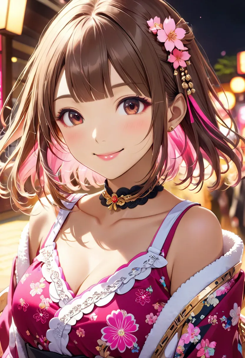  (adorable and elegant 20-years old girl:1.3), (soft rounded bob-cut chestnut brown hair:1.3), (gentle curls at hair ends:1.2),(vibrant pink streak in the bangs:1.3), (warm pinkish-brown eyes with bright highlights:1.3),(gyaru-style makeup:1.2), (gentle an...