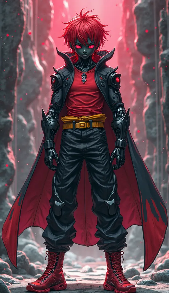 Anime style
Alien
Man
Black skin
Red hair
Red eyes
Red t-shirt
Black armors
Black pants
Yellow waist
Red shoes
Black cape
Black arms cyborgs
Muscles arms