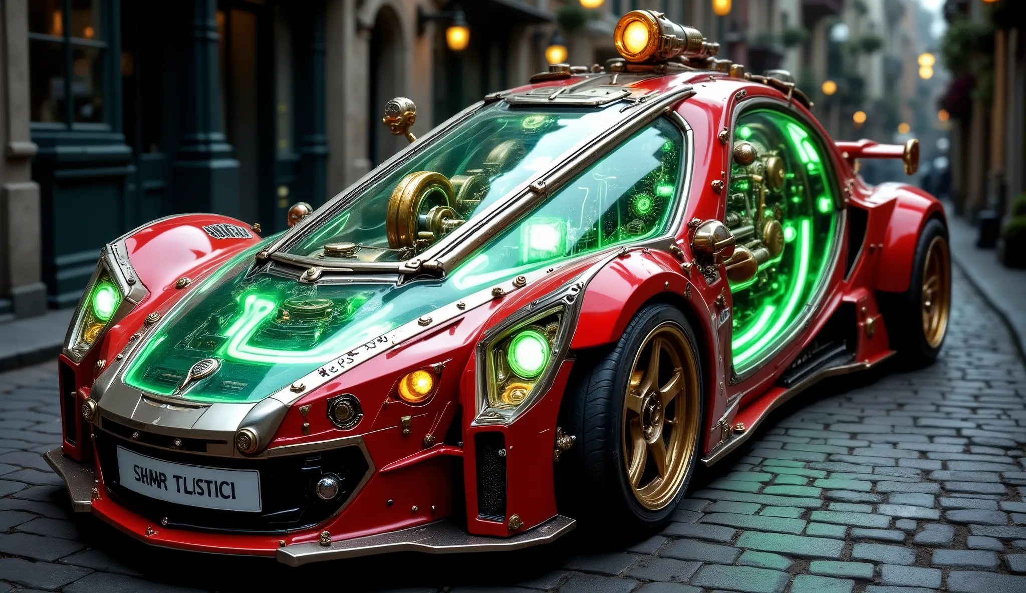 red steampunk vehicle with transparent areas with gears and mechanical devices, protected by a greenish, on a Victorian-era street