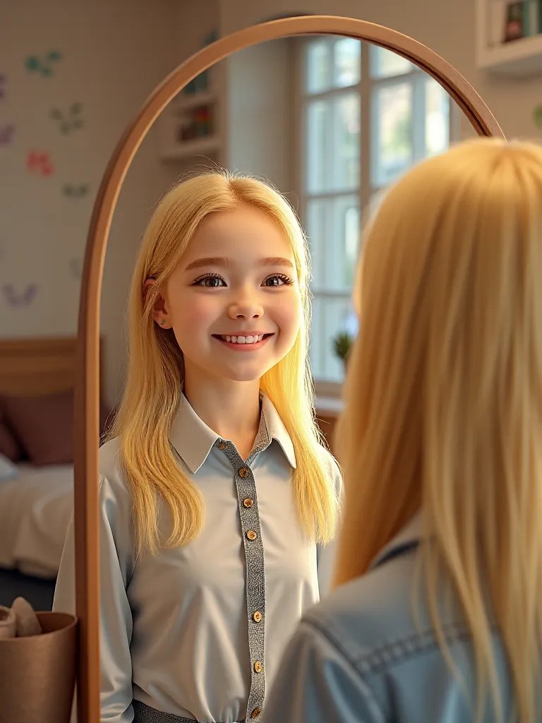 A blonde-haired girl smiling schoolgirl about  looking in the mirror in her bright modern style ren's room. Up close, she stands with her back to the camera looking directly into her mirror.