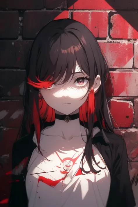 t-shirt, intricate details, chromatic aberration, 1 girl, long hair, black hair, messy hair, Red highlights, Hair over one eye, red eyes, piercing eyes, choker,  Neon shirt ,  broken socks, open jacket,  against the wall, brick wall, Graffiti, glowing graf...