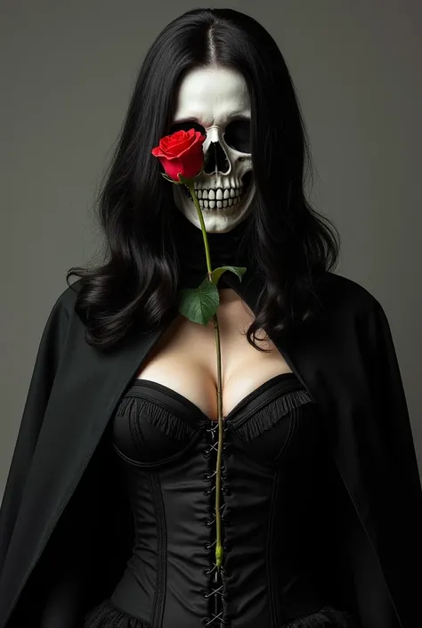 Make a black-haired woman below her breast, with the right side of the skull face and covering it with the hair and under the hair, on the face, A standing red rose, the woman wearing a black cape, a long black skirt and a black corset.