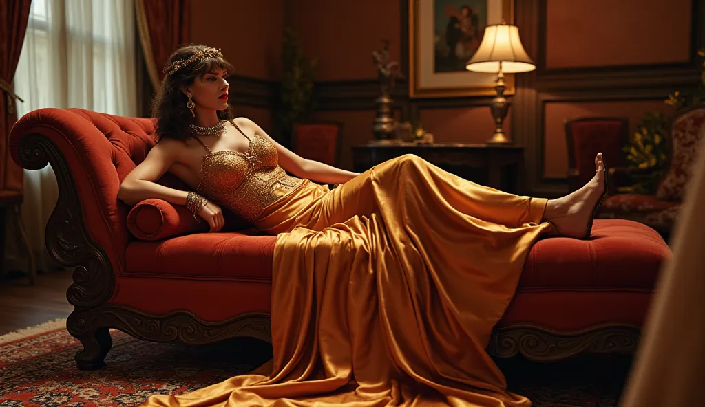 Create a realistic depiction of a beautiful  Cleopatra with elegant features reclining gracefully on a luxurious chaise lounge in an upscale bedroom. She is wearing a long, flowing, shiny satin dress that cascades smoothly around her form, capturing light ...