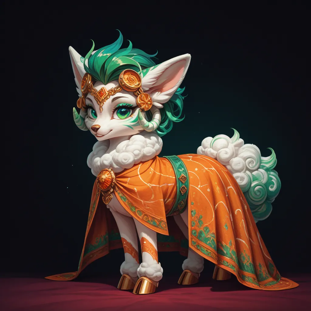  A mystical fox with soft, velvety fur, adorned with delicate embroidery patterns on its body, vibrant orange and white fur with a flowing green-tinted mane, large expressive eyes filled with wisdom and curiosity. The fox wears a hand-knitted cloak with in...