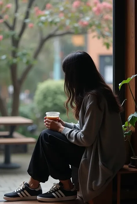 i want a picture of an 18 year old lady trying to figure out life . pls make it aesthetic and don't show her face just her back view which looks like she is searching for herself in the tapestry of time. her wearing not a gown but a grey cardigan and  blac...