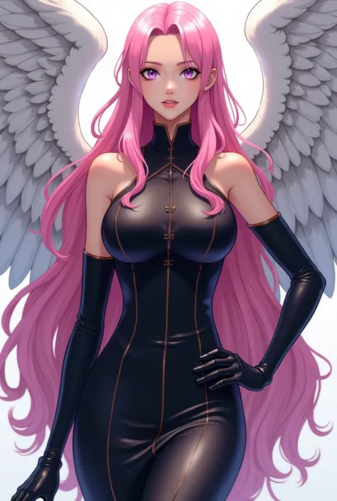 A tall and stately woman in the anime style of One Piece. neckline She has long wavy pink hair. Her lilac eyes.with a tight black dress with a, leather details, In addition to long gloves and accessories with white angel wings